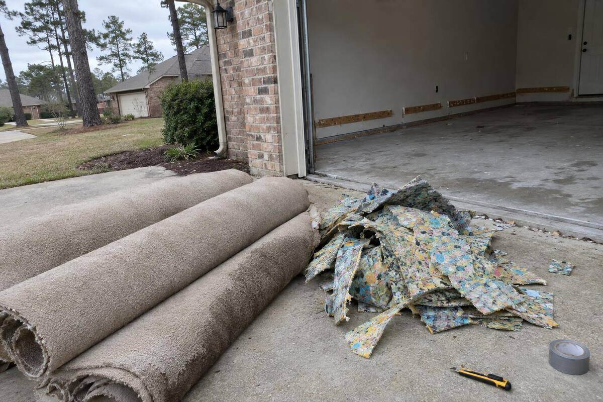 Rolled carpet and torn foam pad stacked by an open garage door, bare concrete slab inside