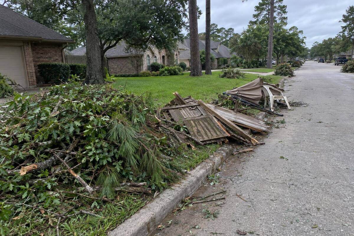 Storm debris at a curb in separate piles: oak limbs, broken fence panels and a bent patio umbrella
