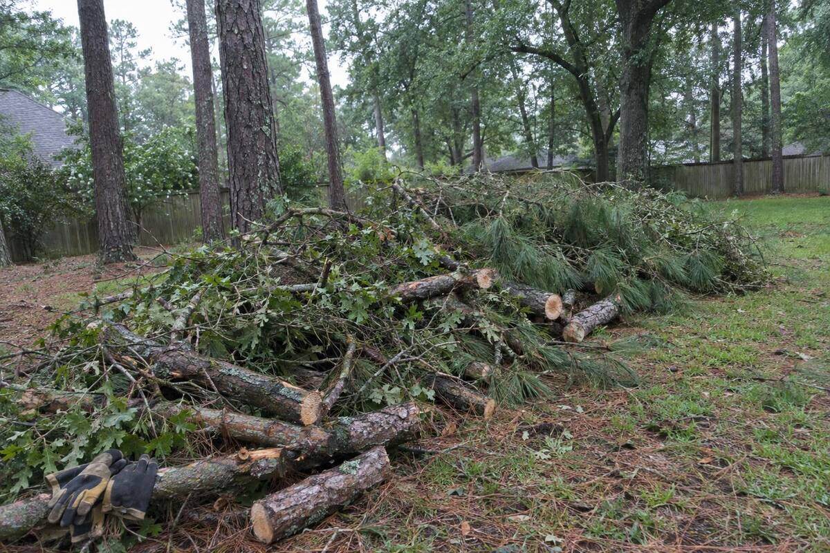 Already cut pine and oak limb sections and brush piled on a lawn under tall pines