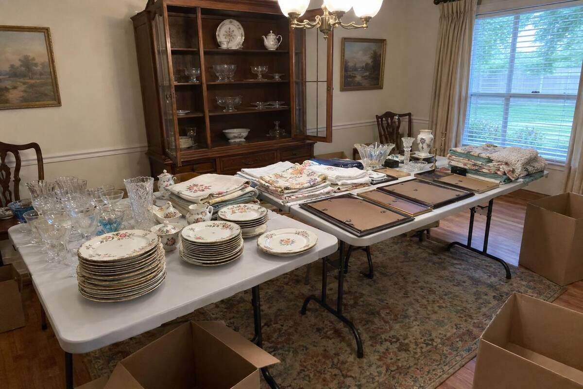 Dishes, framed pictures and folded linens sorted onto folding tables in a dining room